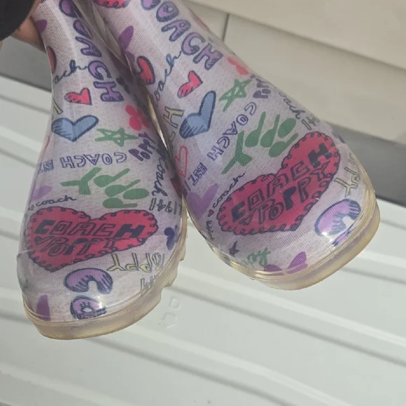 Coach Women's Pink Logo Heart Print Rain Boots - Picture 15 of 16